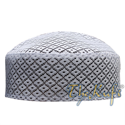 White Kufi Hat – Stiffened Mesh Lace Open-Work Crosshatch Diamond Design Cap