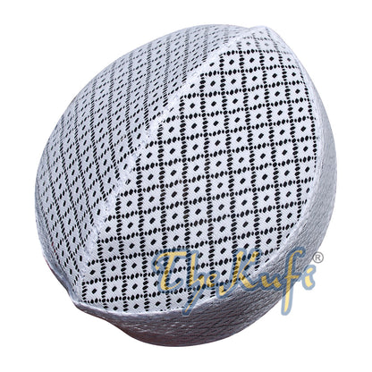 White Kufi Hat – Stiffened Mesh Lace Open-Work Crosshatch Diamond Design Cap