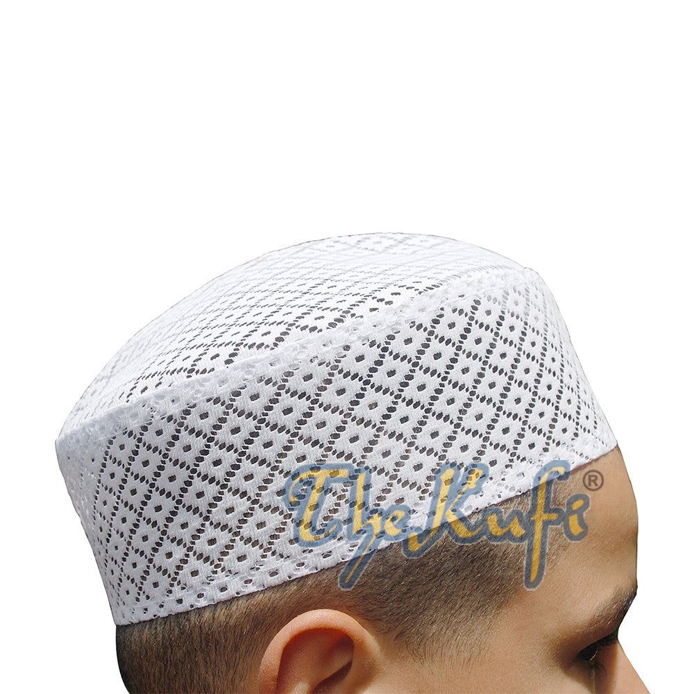 White Kufi Hat – Stiffened Mesh Lace Open-Work Crosshatch Diamond Design Cap