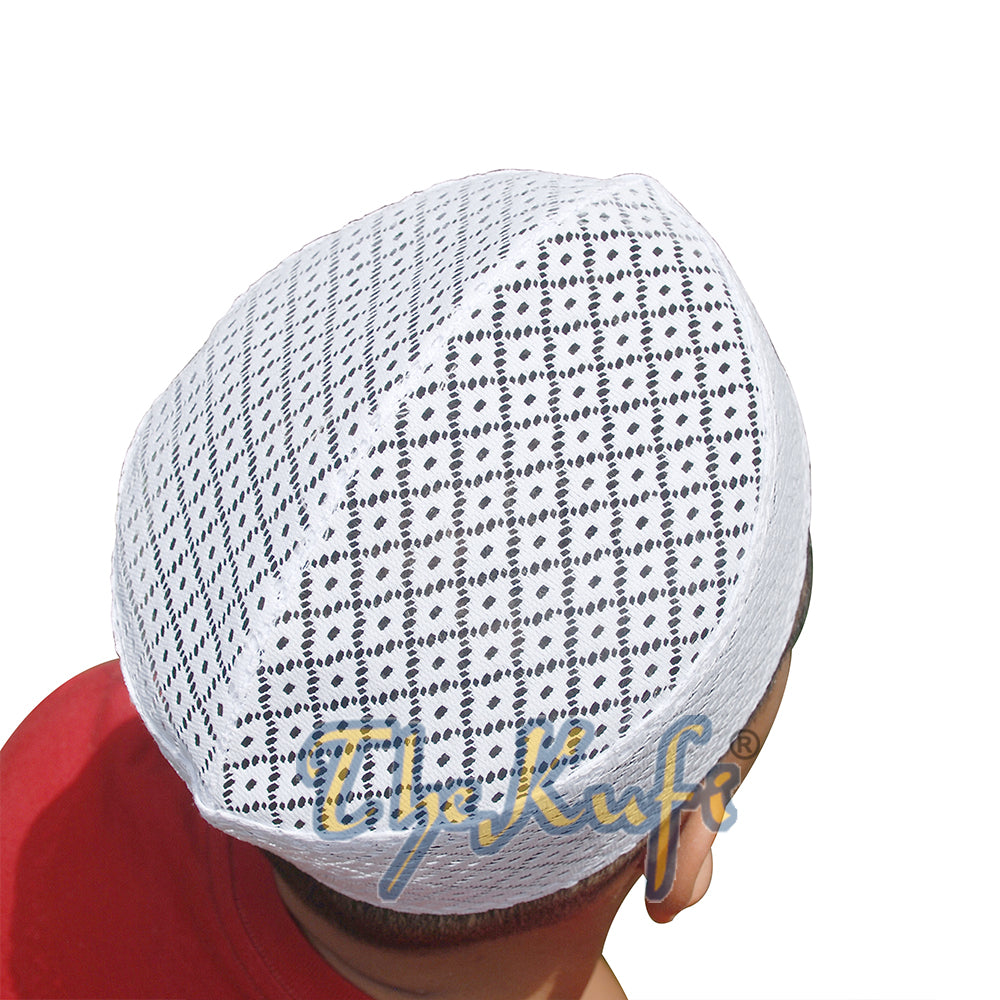 White Kufi Hat – Stiffened Mesh Lace Open-Work Crosshatch Diamond Design Cap