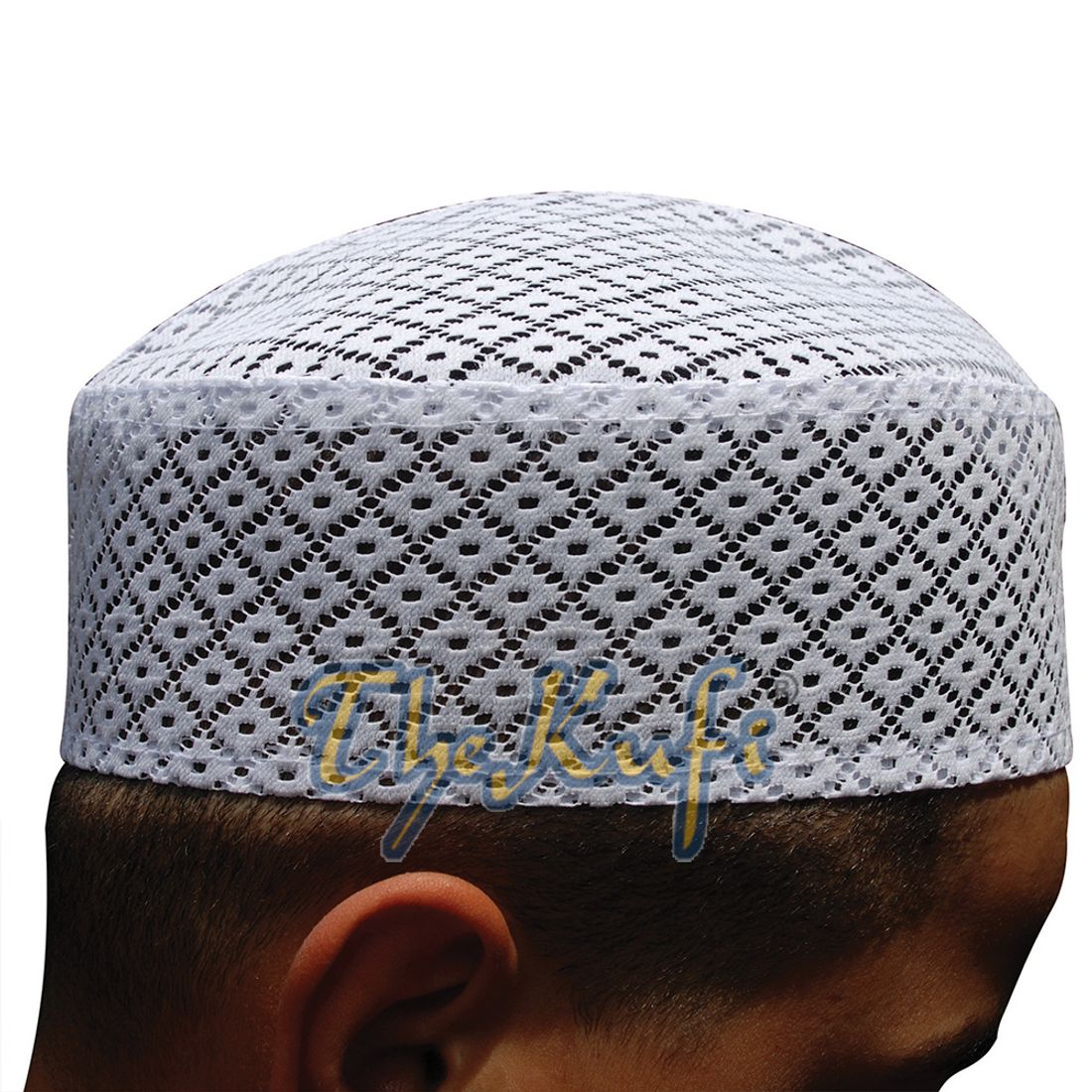 White Kufi Hat – Stiffened Mesh Lace Open-work Crosshatch Diamond Design Cap