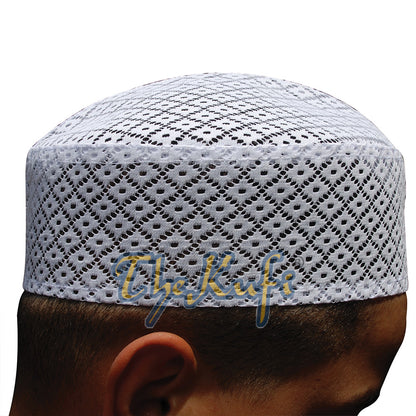 White Kufi Hat – Stiffened Mesh Lace Open-Work Crosshatch Diamond Design Cap