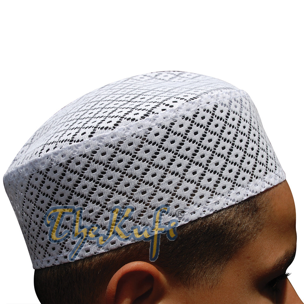 White Kufi Hat – Stiffened Mesh Lace Open-Work Crosshatch Diamond Design Cap