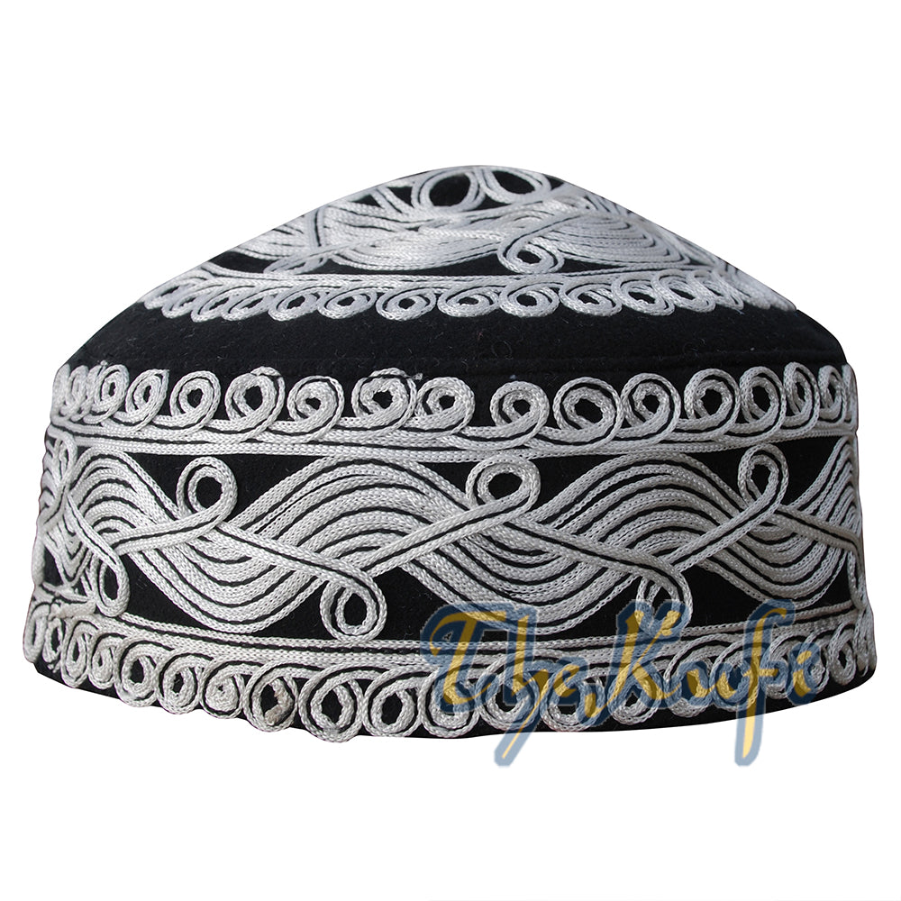 Topi Kufi Felt Rekaan Macramé Hitam Putih Buatan Tangan