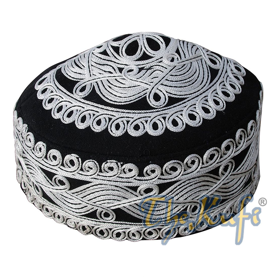 Handcrafted Black White Macramé Design Felt Kufi Hat