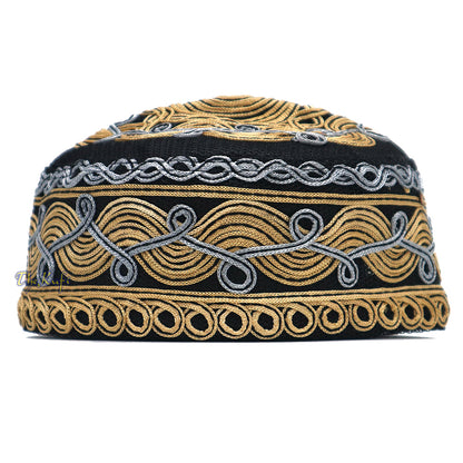 Topi Sholat Muslim Motif Gelombang Jaring Makrame Hitam Emas Abu-abu Buatan Tangan Oleh