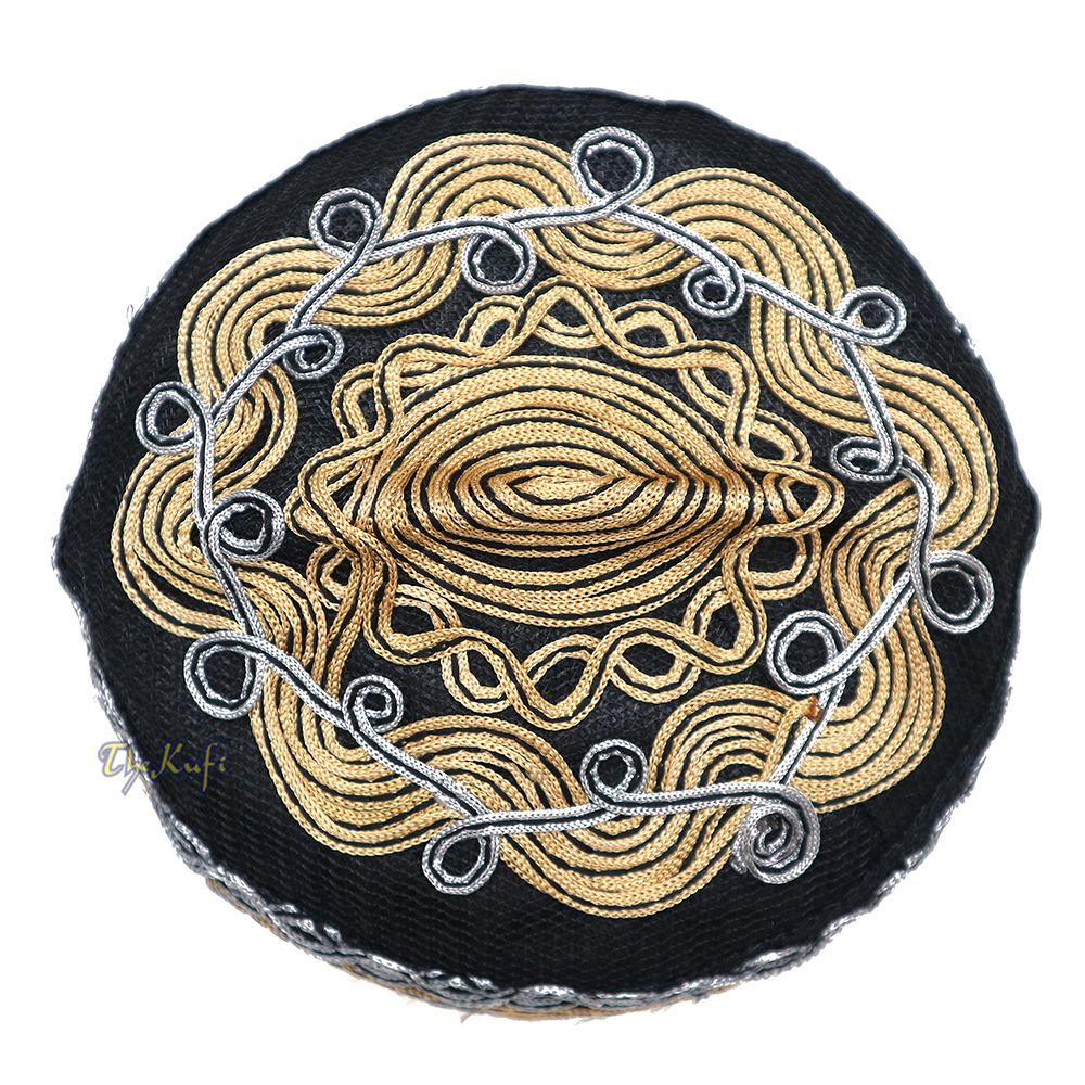 Handcrafted Black Golden Gray Macramé Netting Wave Design Muslim Prayer Hat By