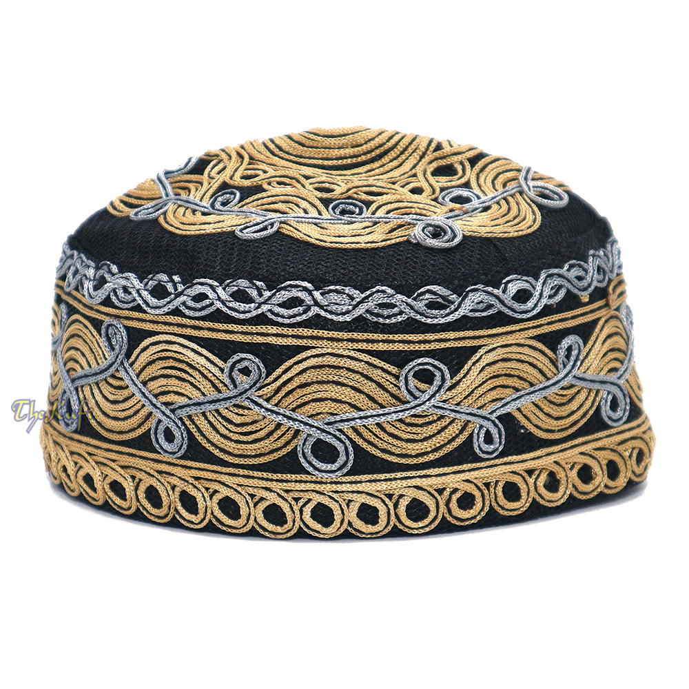 Topi Sholat Muslim Motif Gelombang Jaring Makrame Hitam Emas Abu-abu Buatan Tangan Oleh