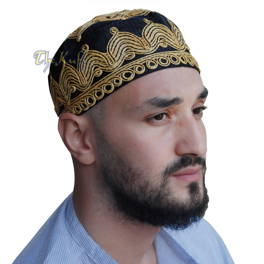 Handcrafted Black Golden-Brown Macramé Netting Wave Design Prayer Hat Mehrab Patterns Kufi