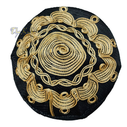 Handcrafted Black Golden-brown Macramé Netting Wave Design Prayer Hat Mehrab Patterns Kufi