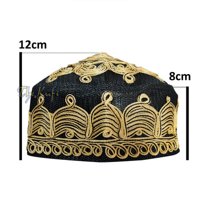 Rekaan Gelombang Jaring Macramé Hitam Keemasan-coklat buatan tangan Corak Solat Topi Mehrab Kufi