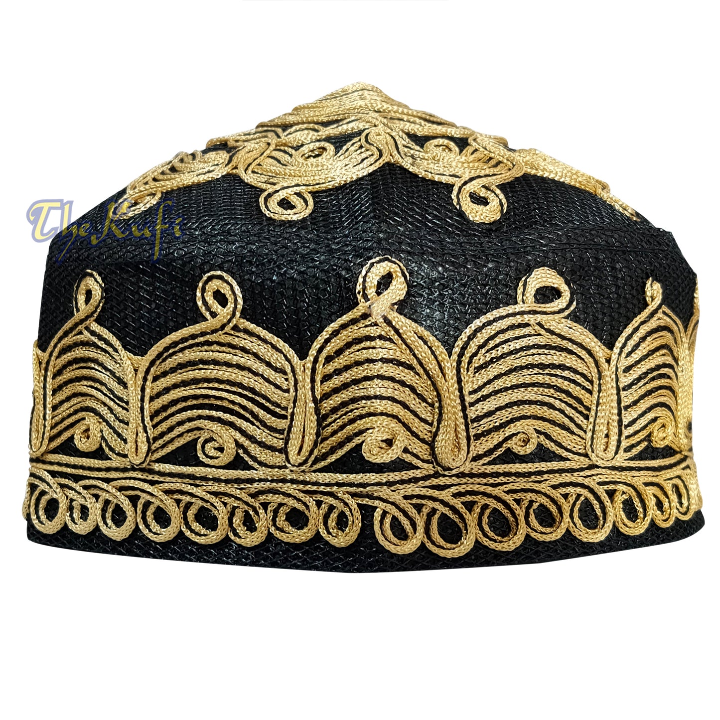 Rekaan Gelombang Jaring Macramé Hitam Keemasan-coklat buatan tangan Corak Solat Topi Mehrab Kufi