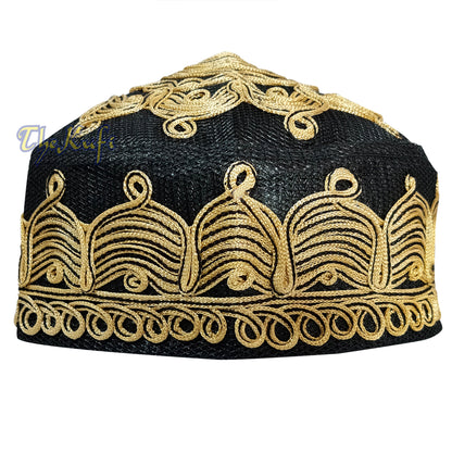 Rekaan Gelombang Jaring Macramé Hitam Keemasan-coklat buatan tangan Corak Solat Topi Mehrab Kufi