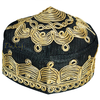 Rekaan Gelombang Jaring Macramé Hitam Keemasan-coklat buatan tangan Corak Solat Topi Mehrab Kufi
