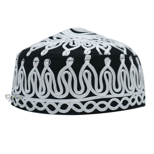 Handcrafted Black White Macramé Netting Wave Design Muslim Prayer Hat