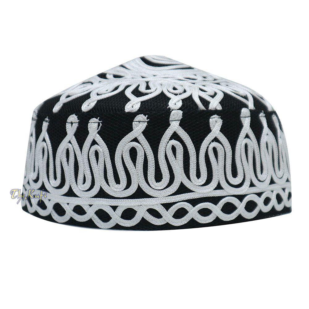 Handcrafted Black White Macramé Netting Wave Design Muslim Prayer Hat By