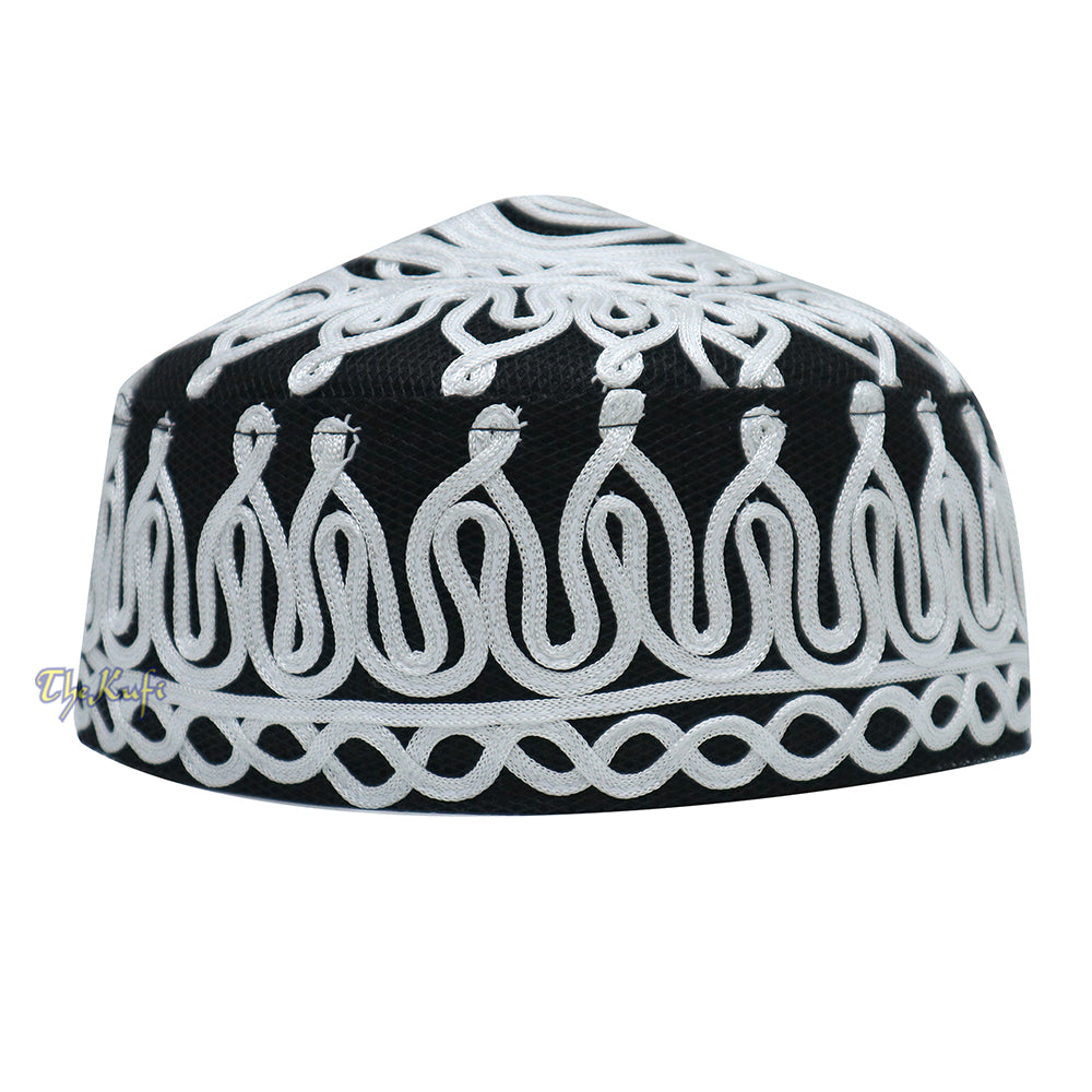 Handcrafted Black White Macramé Netting Wave Design Muslim Prayer Hat By
