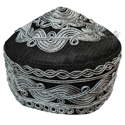 Handcrafted Black Macramé Netting Wave Gray Design Kufi Hat Prayer Cap