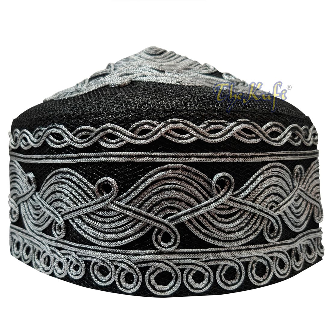 Topi Doa Kufi Desain Kelambu Macramé Hitam Buatan Tangan Gelombang Abu-abu