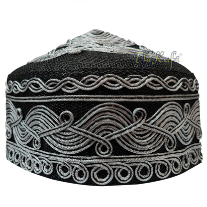 Handcrafted Black Macramé Netting Wave Gray Design Kufi Hat Prayer Cap