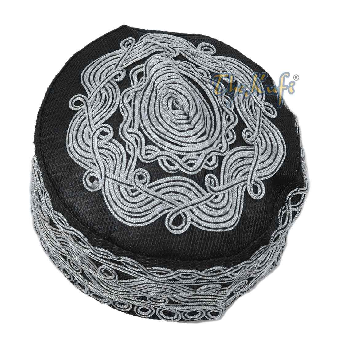Handcrafted Black Macramé Netting Wave Gray Design Kufi Hat Prayer Cap