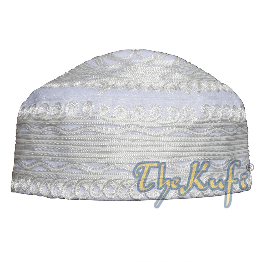 Handcrafted White Macramé Line Design Felt Kufi Hat Prayer Cap