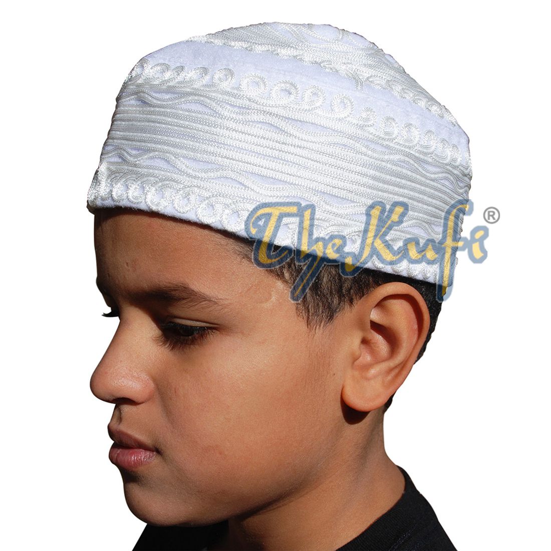 Handcrafted White Macramé Line Design Felt Kufi Hat Prayer Cap