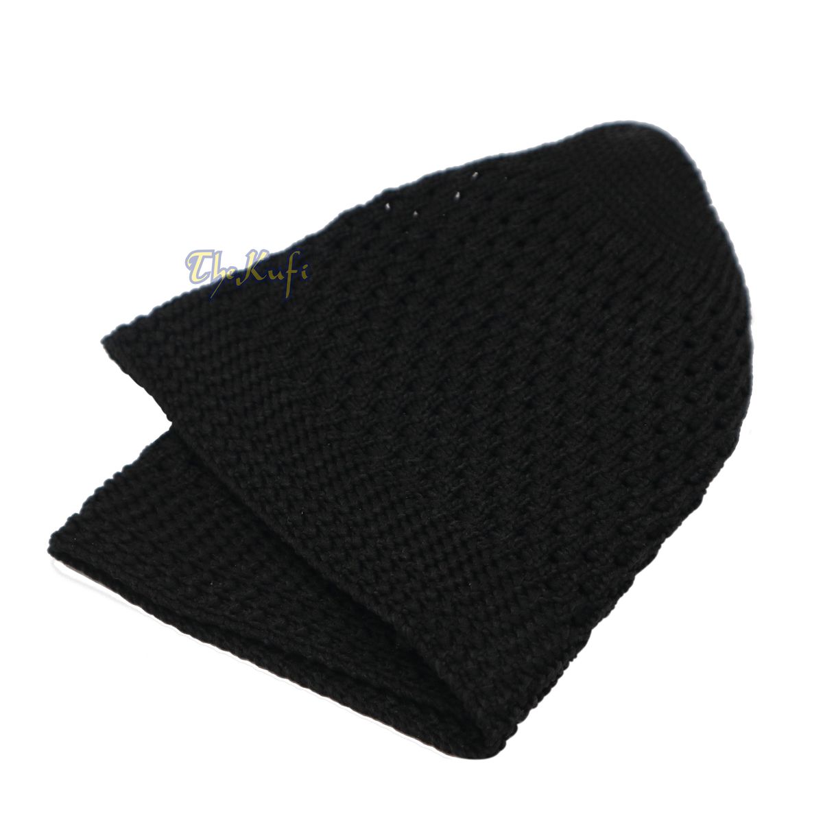 Black knitted Islamic kufi cap with a breathable mesh pattern from TheKufi.com.