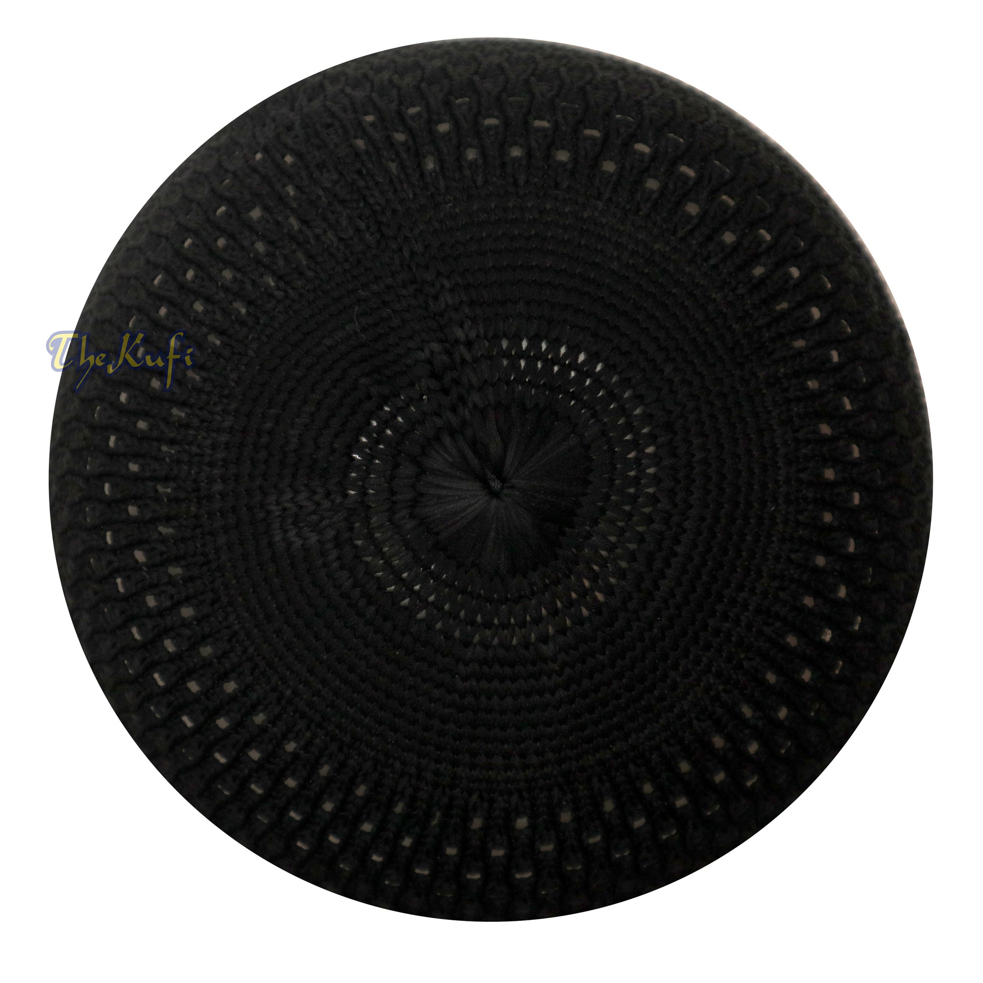 Black knitted Islamic kufi cap with a breathable mesh pattern from TheKufi.com.