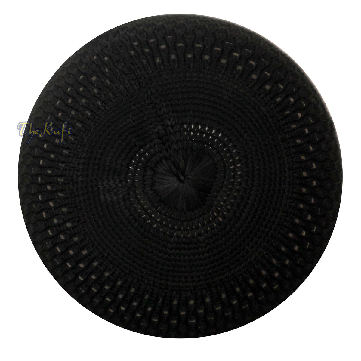 Black knitted Islamic kufi cap with a breathable mesh pattern from TheKufi.com.