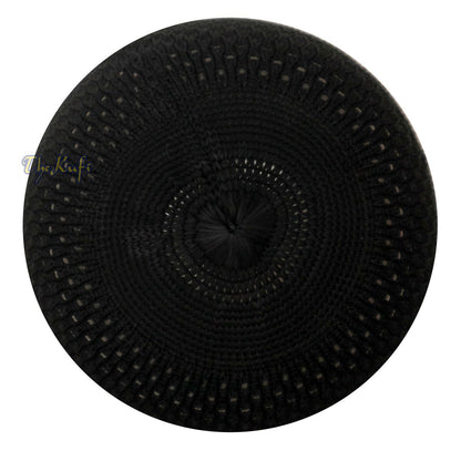 Black knitted Islamic kufi cap with a breathable mesh pattern from TheKufi.com.