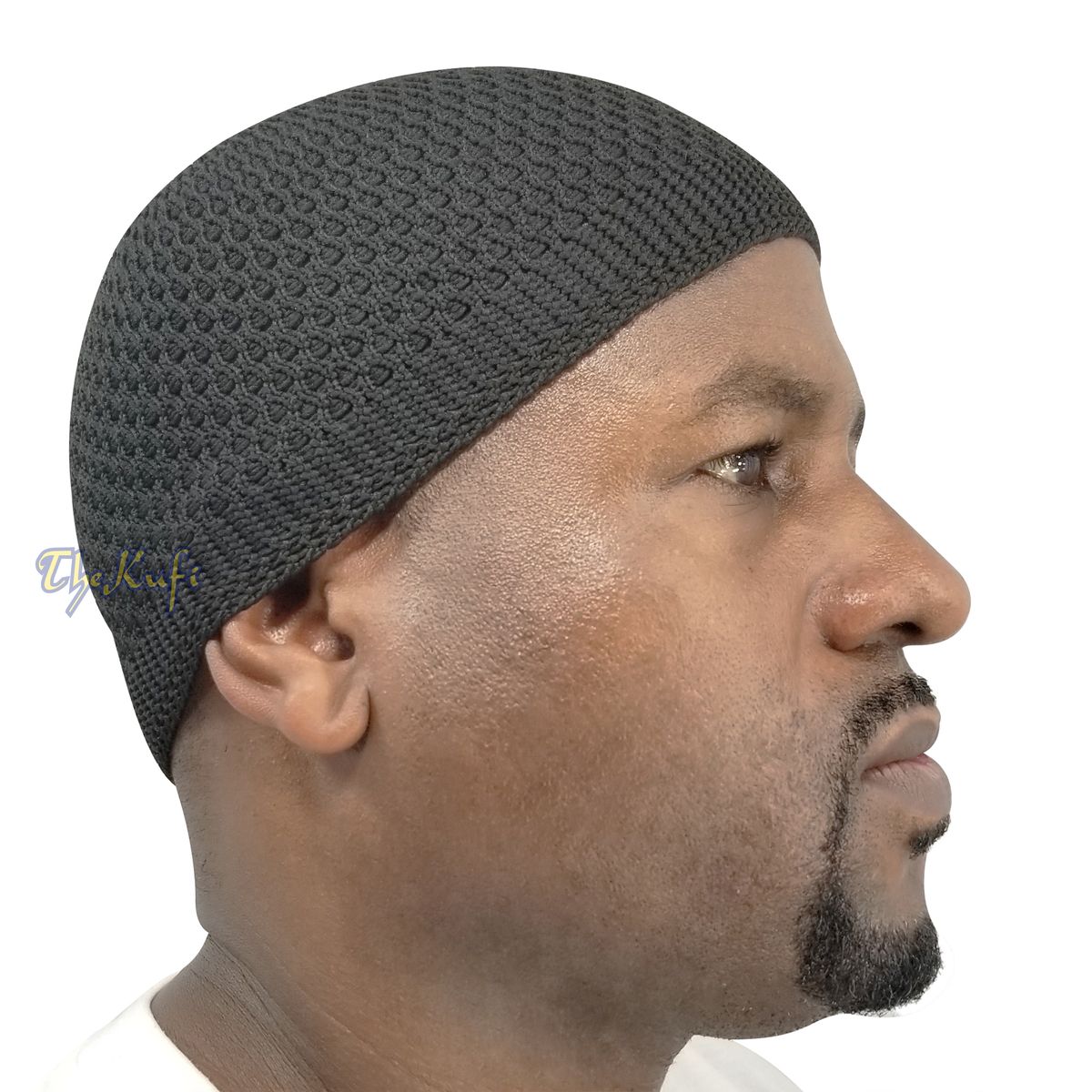 Black knitted Islamic kufi cap with a breathable mesh pattern from TheKufi.com.