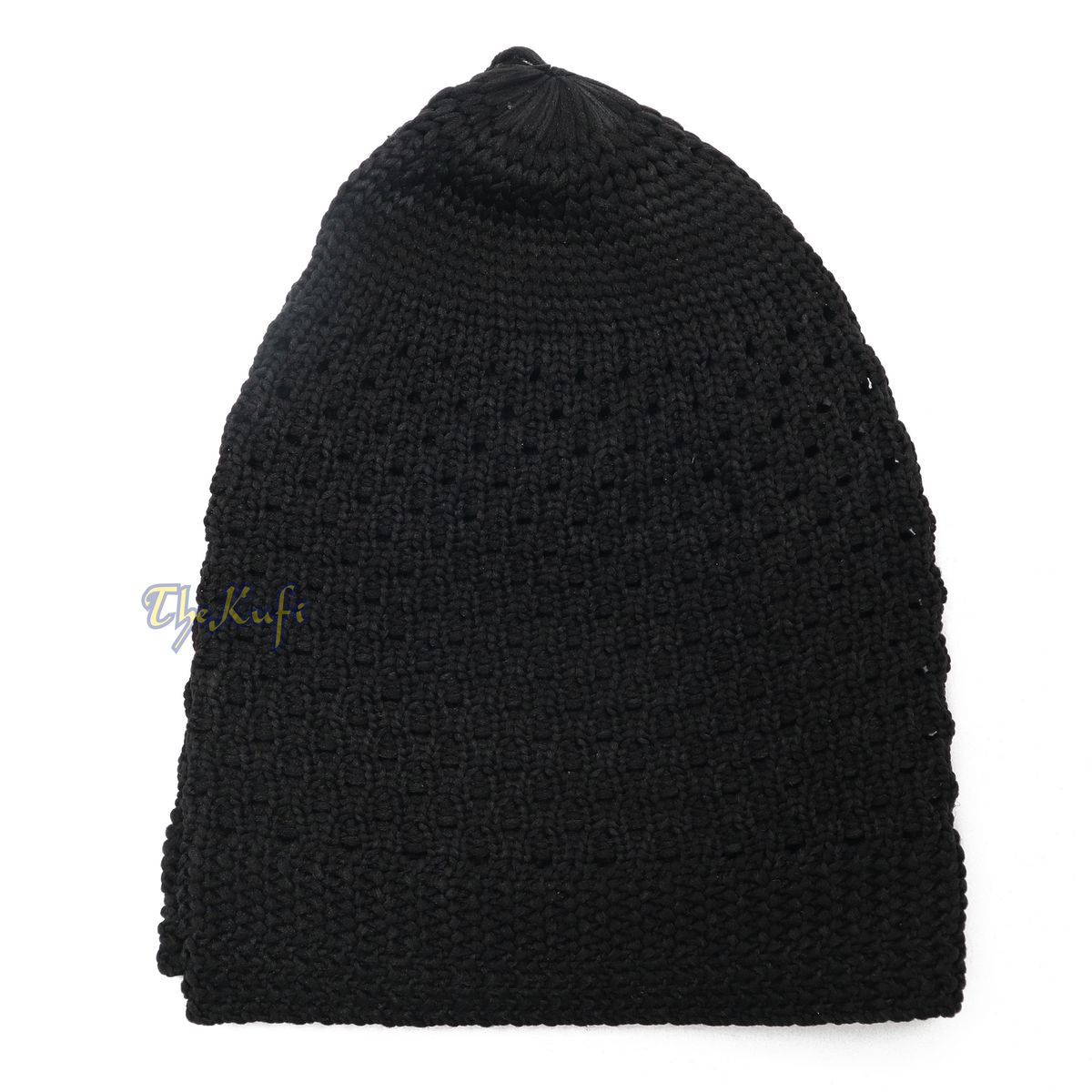 Black knitted Islamic kufi cap with a breathable mesh pattern from TheKufi.com.