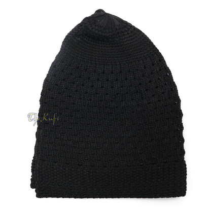 Black knitted Islamic kufi cap with a breathable mesh pattern from TheKufi.com.