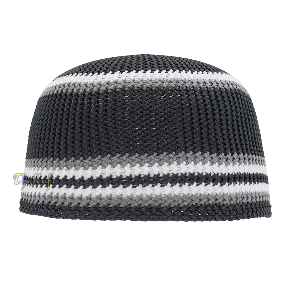 Soft Black with Grey White Lines Nylon Stretchy Skull Cap