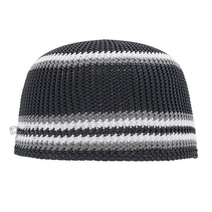 Topi Tengkorak Nilon Elastis Lembut Hitam dengan Garis-garis Putih Abu-abu