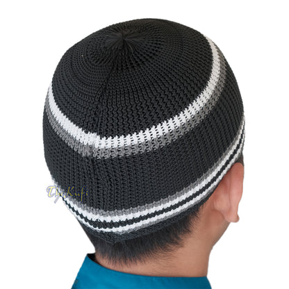 Soft Black with Grey White Lines Nylon Stretchy Skull Cap