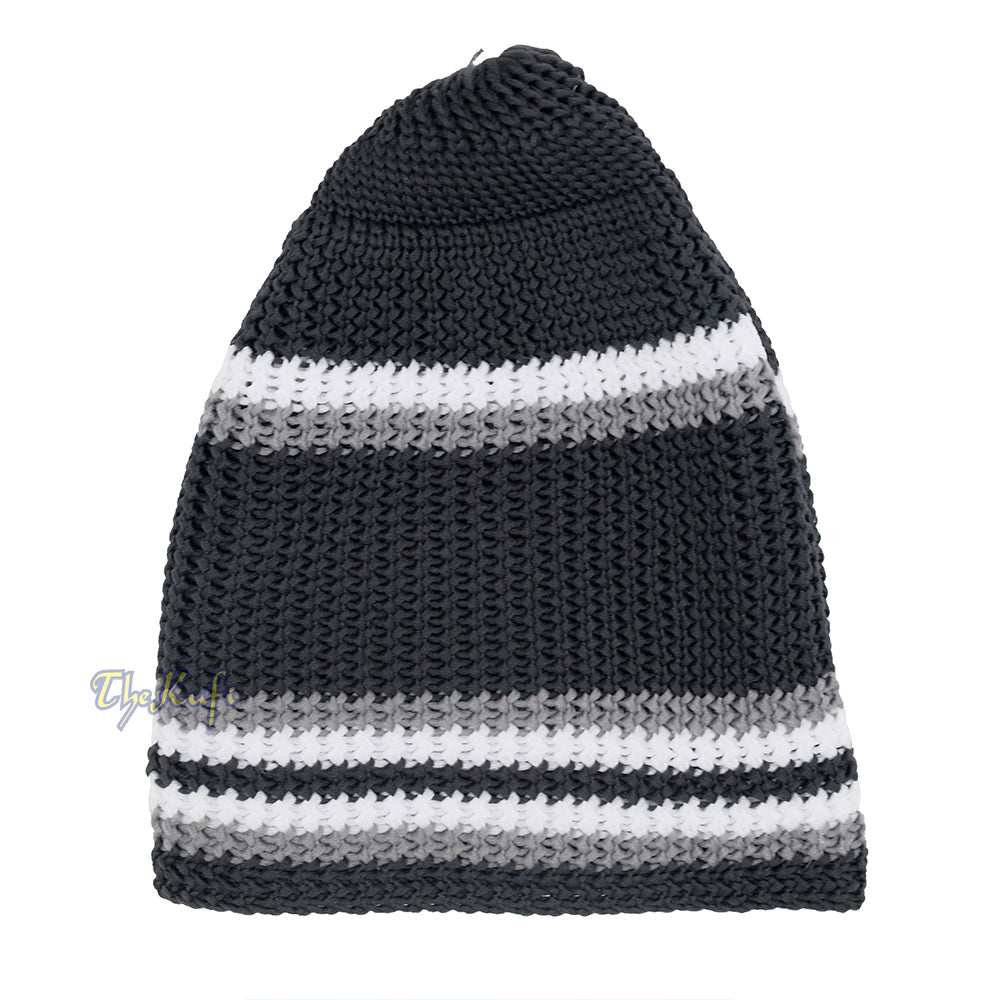 Soft Black with Grey White Lines Nylon Stretchy Skull Cap