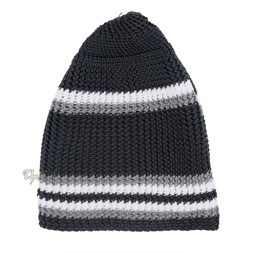 Topi Tengkorak Nilon Elastis Lembut Hitam dengan Garis-garis Putih Abu-abu