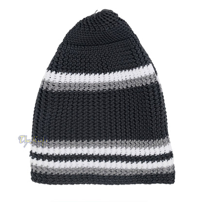 Topi Tengkorak Nilon Elastis Lembut Hitam dengan Garis-garis Putih Abu-abu