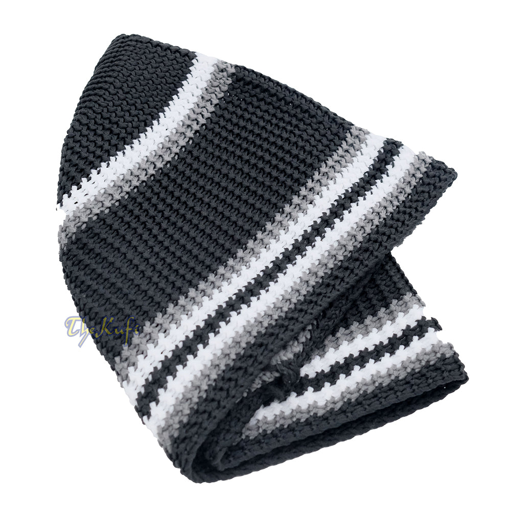 Soft Black with Grey White Lines Nylon Stretchy Skull Cap