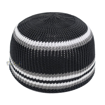 Topi Tengkorak Nilon Elastis Lembut Hitam dengan Garis-garis Putih Abu-abu