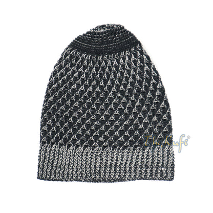 Faded Dark Gray Black Open-Weave Nylon Stretchy Kufi Hat Skull Cap Beanie