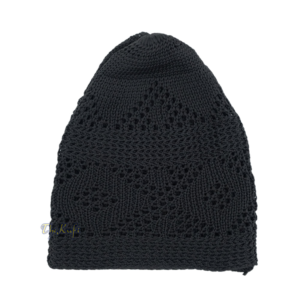 Plain Black Diamond Open Weave Design Stretchable 100% Nylon Interwoven Kufi Cap