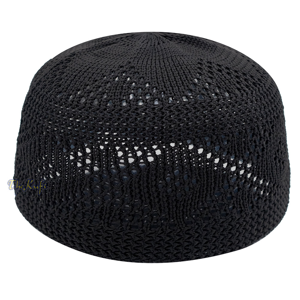 Plain Black Diamond Open Weave Design Stretchable 100% Nylon Interwoven Kufi Cap