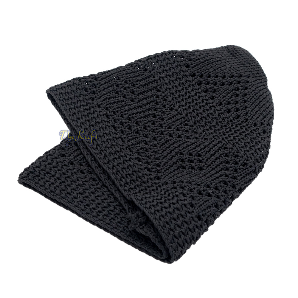 Plain Black Diamond Open Weave Design Stretchable 100% Nylon Interwoven Kufi Cap