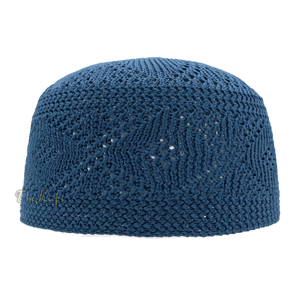 Plain Indigo Blue Diamond Open Weave Design Stretchable 100% Nylon Interwoven Kufi Cap