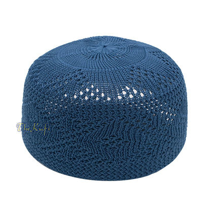 Plain Indigo Blue Diamond Open Weave Design Stretchable 100% Nylon Interwoven Kufi Cap