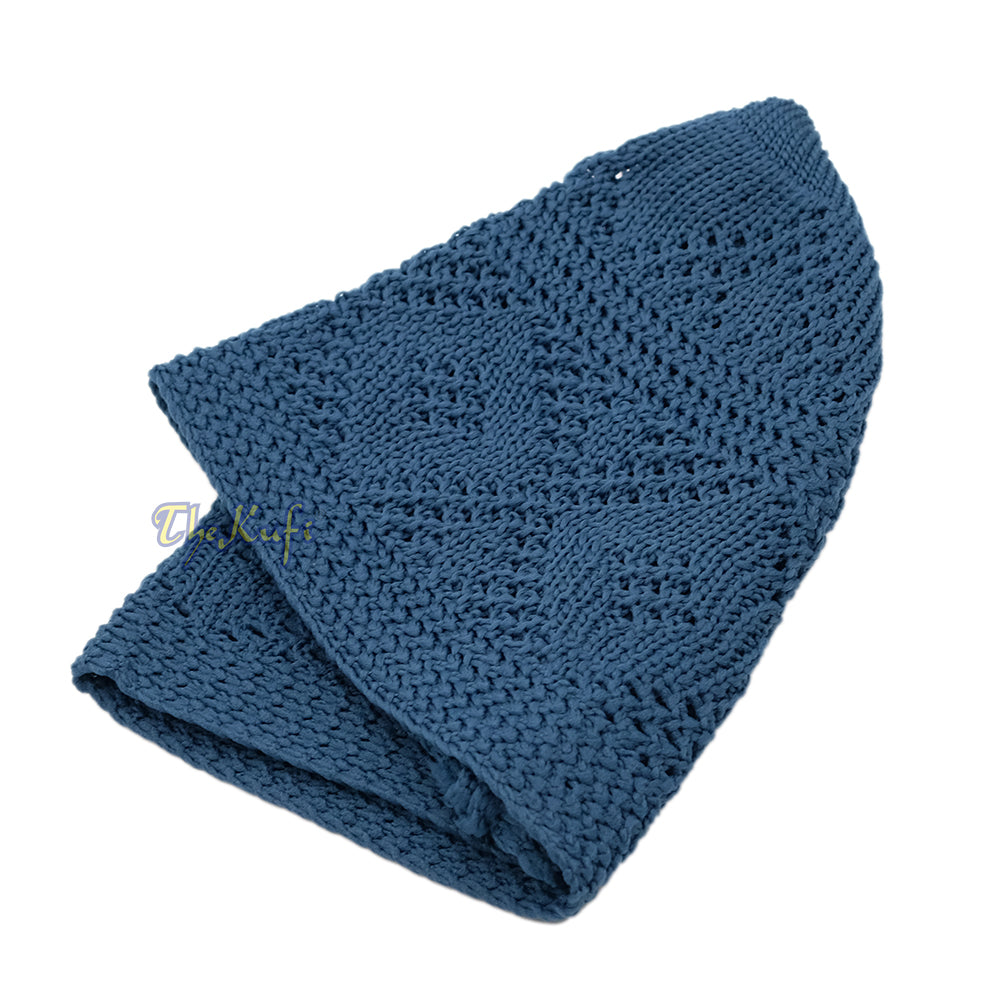 Topi Kufi Tenun Terbuka Berlian Biru Indigo Polos Desain Elastis 100% Nilon