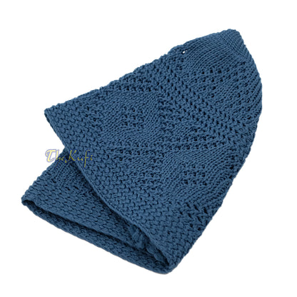 Topi Kufi Tenun Terbuka Berlian Biru Indigo Polos Desain Elastis 100% Nilon